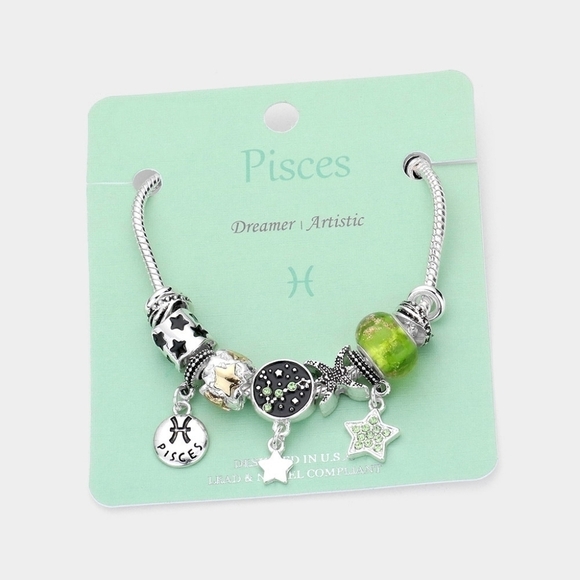 NEW Pisces Zodiac Sign Snake Chain Charm Beads Bracelet - Picture 1 of 7